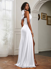 Sheath Halter Neckline Satin Prom Dress White Plus Size