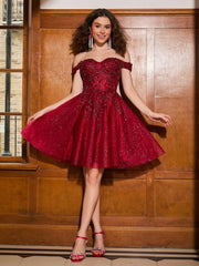 Off-the-shoulder Appliqued Corset Tulle Dress Burgundy