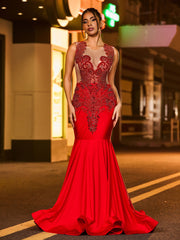 Charming Gleaming Rhinestone-Encrusted Mermaid Prom Dress Burgundy