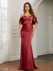 Sweetheart Neckline Flutter Sleeves Satin Prom Dress Burgundy
