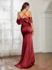 Sweetheart Neckline Flutter Sleeves Satin Prom Dress Burgundy