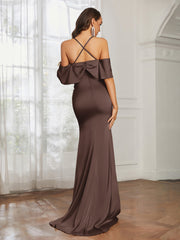 Sweetheart Neckline Flutter Sleeves Satin Prom Dress Chocolate Plus Size
