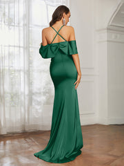Sweetheart Neckline Flutter Sleeves Satin Prom Dress Dark Green