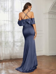 Sweetheart Neckline Flutter Sleeves Satin Prom Dress Dark Navy