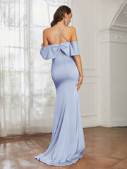 Sweetheart Neckline Flutter Sleeves Satin Prom Dress Dusty Blue
