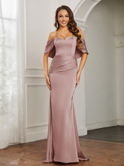 Sweetheart Neckline Flutter Sleeves Satin Prom Dress Dusty Rose