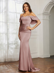 Sweetheart Neckline Flutter Sleeves Satin Prom Dress Dusty Rose