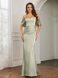 Sweetheart Neckline Flutter Sleeves Satin Prom Dress Dusty Sage