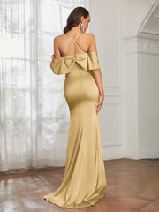 Sweetheart Neckline Flutter Sleeves Satin Prom Dress Gold