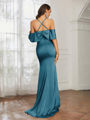 Sweetheart Neckline Flutter Sleeves Satin Prom Dress Ink Blue