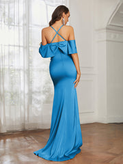 Sweetheart Neckline Flutter Sleeves Satin Prom Dress Ocean Blue
