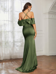 Sweetheart Neckline Flutter Sleeves Satin Prom Dress Olive Green
