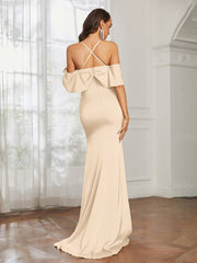 Sweetheart Neckline Flutter Sleeves Satin Prom Dress Peach
