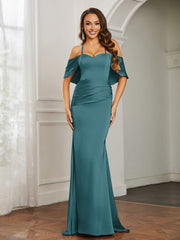 Sweetheart Neckline Flutter Sleeves Satin Prom Dress Peacock