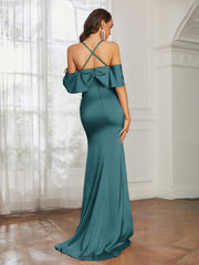 Sweetheart Neckline Flutter Sleeves Satin Prom Dress Peacock