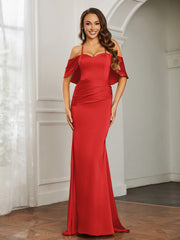 Sweetheart Neckline Flutter Sleeves Satin Prom Dress Red Plus Size