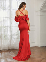 Sweetheart Neckline Flutter Sleeves Satin Prom Dress Red