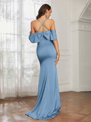 Sweetheart Neckline Flutter Sleeves Satin Prom Dress Slate Blue