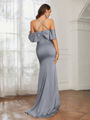 Sweetheart Neckline Flutter Sleeves Satin Prom Dress Steel Grey