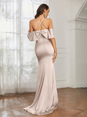 Sweetheart Neckline Flutter Sleeves Satin Prom Dress Taupe