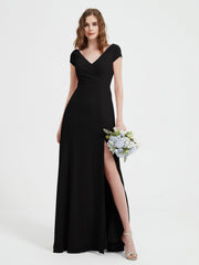 A-line V-neck Chiffon Ruched Floor-length Dress Black Plus Size