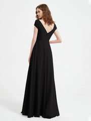 A-line V-neck Chiffon Ruched Floor-length Dress Black Plus Size