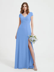 A-line V-neck Chiffon Ruched Floor-length Dress Blue