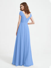 A-line V-neck Chiffon Ruched Floor-length Dress Blue