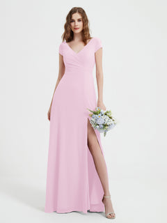 A-line V-neck Chiffon Ruched Floor-length Dress Blushing Pink