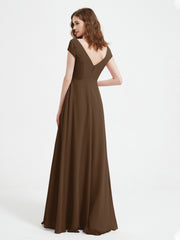 A-line V-neck Chiffon Ruched Floor-length Dress Brown
