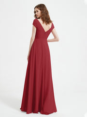A-line V-neck Chiffon Ruched Floor-length Dress Burgundy Plus Size