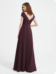 A-line V-neck Chiffon Ruched Floor-length Dress Cabernet
