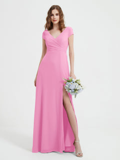 A-line V-neck Chiffon Ruched Floor-length Dress Candy Pink