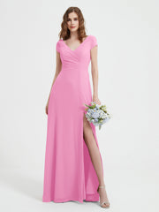A-line V-neck Chiffon Ruched Floor-length Dress Candy Pink