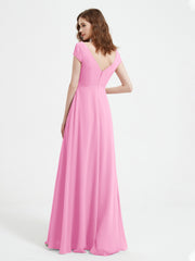 A-line V-neck Chiffon Ruched Floor-length Dress Candy Pink