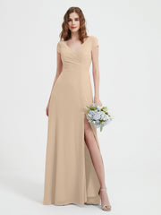 A-line V-neck Chiffon Ruched Floor-length Dress Champagne Plus Size