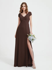 A-line V-neck Chiffon Ruched Floor-length Dress Chocolate