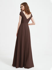 A-line V-neck Chiffon Ruched Floor-length Dress Chocolate Plus Size