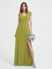 A-line V-neck Chiffon Ruched Floor-length Dress Clover Plus Size
