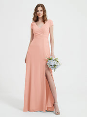 A-line V-neck Chiffon Ruched Floor-length Dress Coral Plus Size
