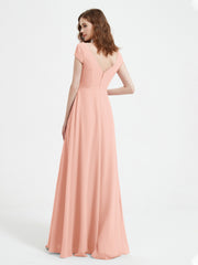 A-line V-neck Chiffon Ruched Floor-length Dress Coral Plus Size
