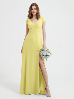 A-line V-neck Chiffon Ruched Floor-length Dress Daffodil