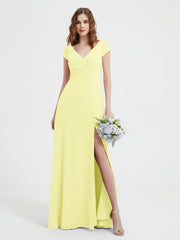 A-line V-neck Chiffon Ruched Floor-length Dress Daffodil