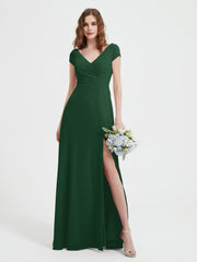 A-line V-neck Chiffon Ruched Floor-length Dress Dark Green Plus Size