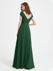 A-line V-neck Chiffon Ruched Floor-length Dress Dark Green
