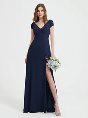 A-line V-neck Chiffon Ruched Floor-length Dress Dark Navy Plus Size