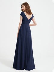 A-line V-neck Chiffon Ruched Floor-length Dress Dark Navy