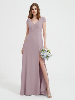 A-line V-neck Chiffon Ruched Floor-length Dress Dusk