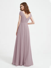 A-line V-neck Chiffon Ruched Floor-length Dress Dusk