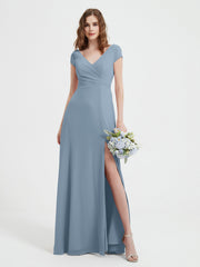 A-line V-neck Chiffon Ruched Floor-length Dress Dusty Blue